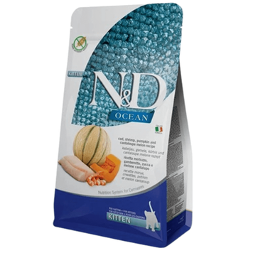 Фарміна кет сухий N&D Grain Free Ocean COD, SHRIMP, PUMPKIN & CANTALOUPEMELON KITTEN з тріскою, креветками, гарбузом і динею 300 gr 38845 175583 фото