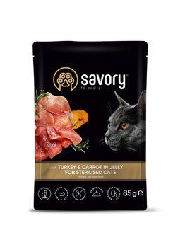 Вологий корм Savory для стерилізованих котів, індичка з морквою в желе, пауч, 85 г 20109 фото