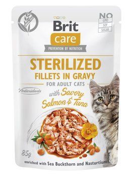 Корм вологий для стерилізованих котів Brit Care Cat Sterilized філе в соусі з лососем і тунцем, пауч, 85 г 101044 фото