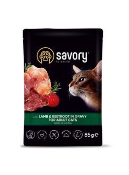 Вологий корм Savory для дорослих котів, ягня з буряком у соусі, пауч, 85 г 20123 фото