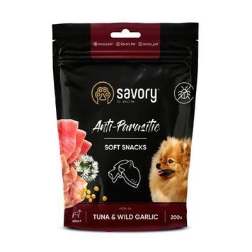 М'які ласощі Savory з антипаразитарним ефектом для собак, тунець та дикий часник, 200 г 31324 фото